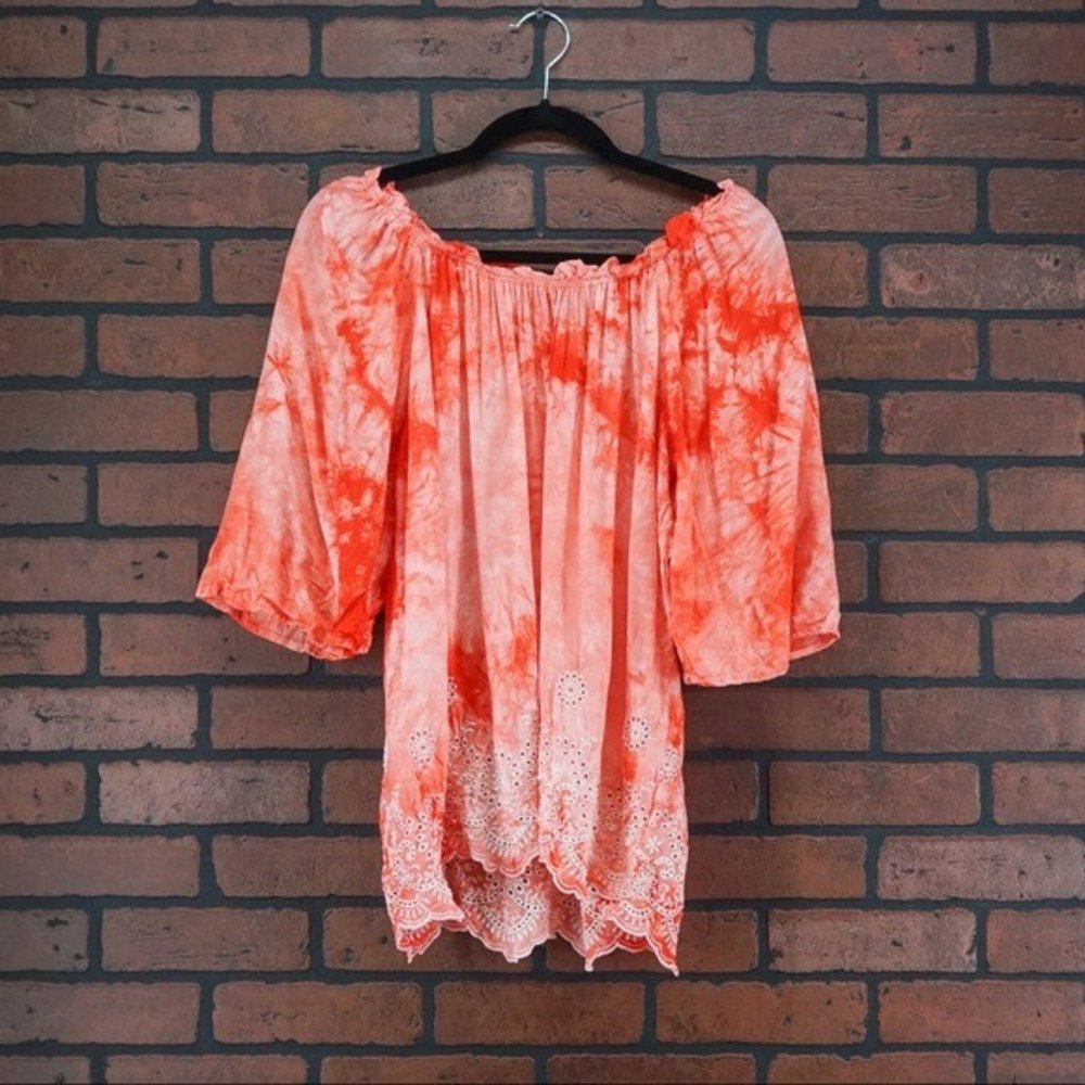 bobeau Coral Tie-Dye Off-Shoulder Blouse with Eyelet Hem